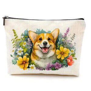 Cosmetic Bag Makeup Corgi Dog Flowers Clutch Pouch Travel Storage Colorful Fun